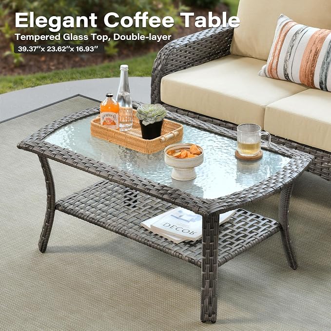 5 Pieces Patio Furniture Set, All Weather Rattan Patio Conversation Sets with Swivel Rocking Chairs, Coffee Table, High Back Outdoor Furniture Loveseat for Porch, Backyard,Beige