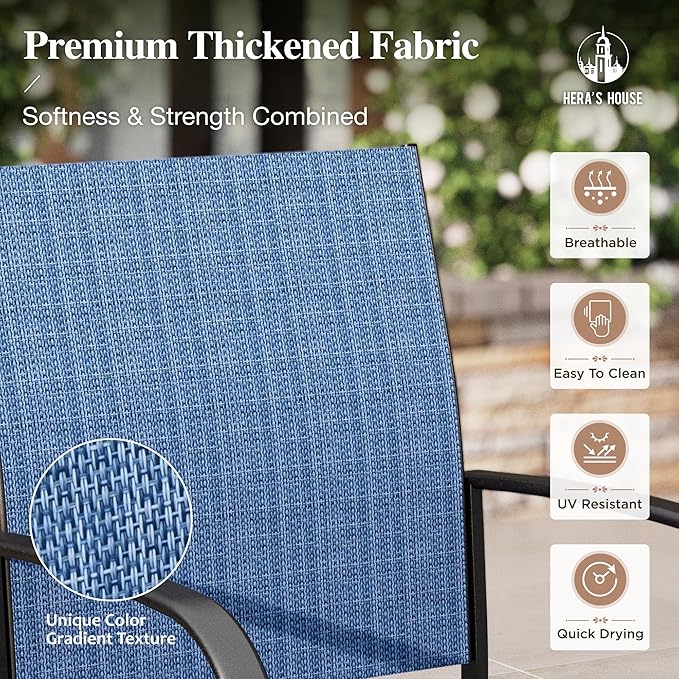 HERA'S HOUSE 7 Pieces Outdoor Dining Set, Wood-Grain Metal Table with Umbrella Hole, Patio Table and Chairs for Yard Garden Porch Poolside, Blue