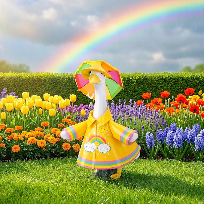 DECOHS 3 Pcs/Set Raincoat Porch Goose Outfits, Summer Lawn Goose Statue Raincoat Costume, Yard Goose Clothes Raincoats Umbrella Hat Outfit for 23" Statue Patio Garden Decoration (Yellow Rainbow)