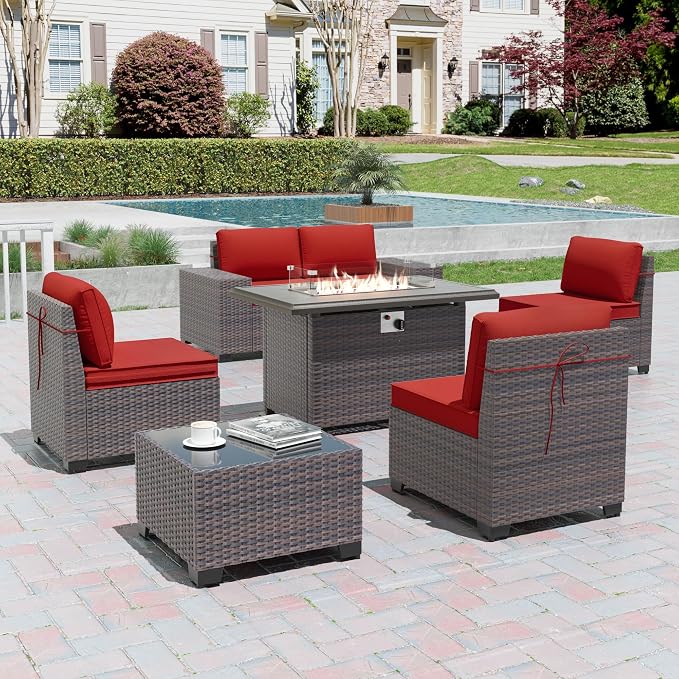 7 Pieces Outdoor Patio Furniture Set with 43"/55000BTU Gas Fire Pit Table,PE Rattan Wicker Outdoor Conversation Sofa Set Non-Slip Cushions Waterproof Covers for Backyard,Poolside,Garden,Red