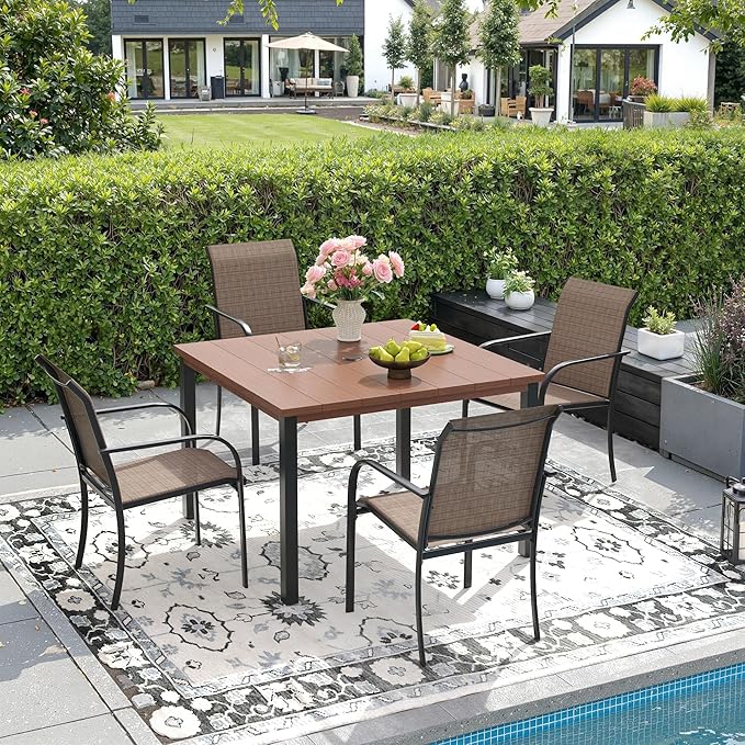 DIFY 5 Pieces Outdoor Dining Table Chair Set, Patio Dining Set with 1 Walnut Metal Square Table with Umbrella Hole & 4 Brown Stackable Curved Armrests Chairs for Lawn, Garden, Porch