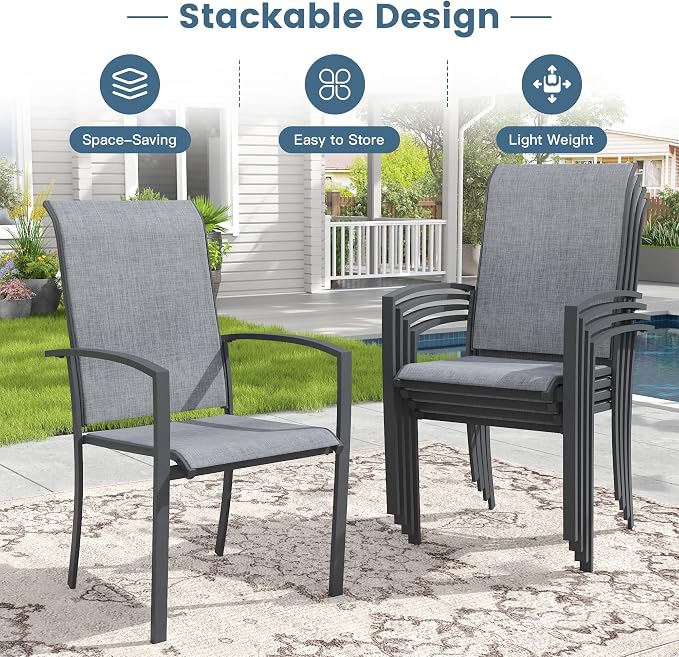 DIFY 5 Pieces Outdoor Dining Set, Metal Patio Table and Chairs Set for 4 with Umbrella Hole, 37.8" Square Dining Table and Textilene Stackable Patio Chairs for Garden Backyard Poolside, Grey