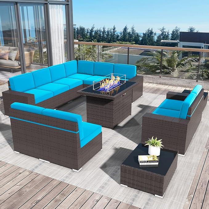 13 Pieces Patio Furniture Set with 44" Propane Gas Fire Pit Table, Outdoor Sectional Brown Rattan Wicker Conversation Sofa Sets with Coffee Table