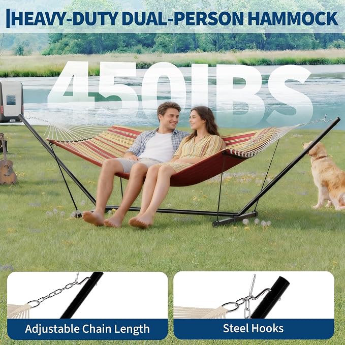  2 Person Hammock with Stand for Outside, Double Hammock with Stand and Pillow, Max 450 Lbs Capacity with Balance Rope, Large Hammock for Outdoor Patio Backyard Poolside
