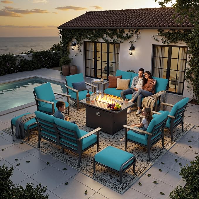 Aluminum Outdoor Patio Furniture Set with Swivel Rocking Chairs 11-Seat, Patio Sectional Sofa with Ottomans Patio Conversation Set with 55,000 BTU Fire Pit Table & High Backrest, Turquoise