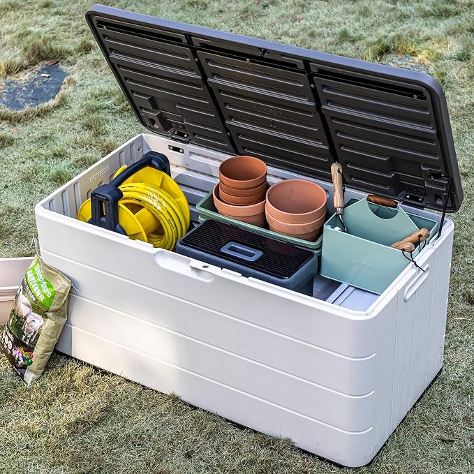 Mrosaa 110 Gallon Deck Box Waterproof,Double-Wall Resin Outdoor Storage Boxes, Deck Storage for boat slip storage,Cushions, Pool Float, Garden Tools,Patio Furniture, Lockable (OFF-WHITE)