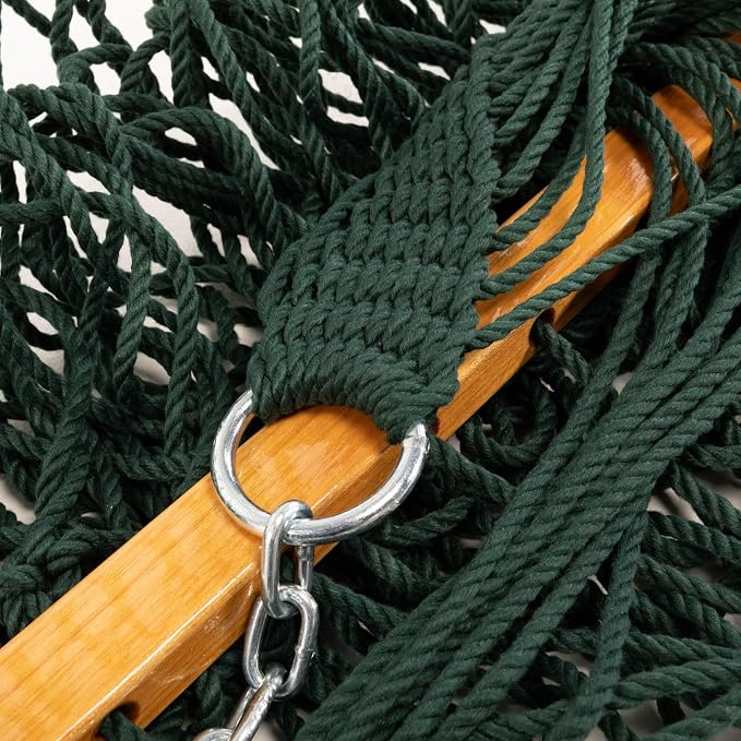 Original Pawleys Island Deluxe Green DuraCord Rope Hammock – 13 ft. x 65 in, 2-Person, 450 lb Capacity, Oak Spreader Bar, Zinc-Plated Hardware, Handcrafted in the USA