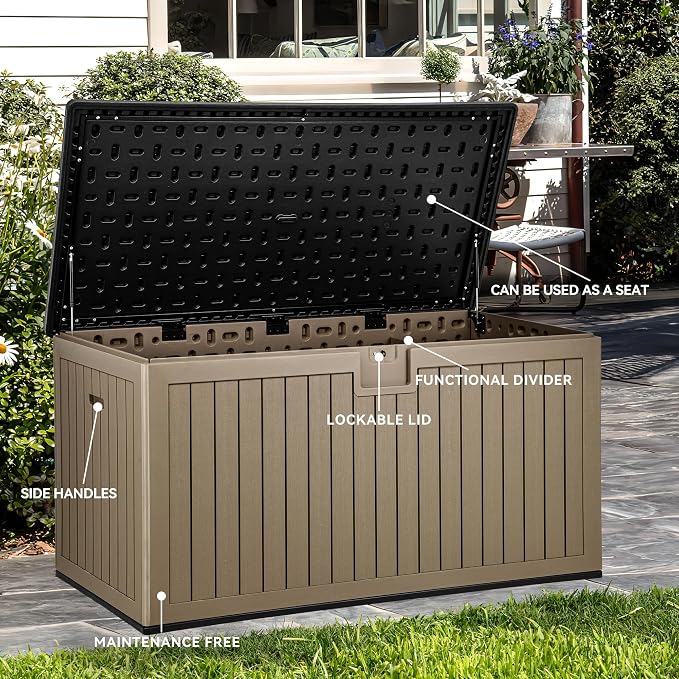 YITAHOME XXL 260 Gallon Large Deck Box,Outdoor Storage for Patio Furniture Cushions,Garden Tools and Pool Equipment with Flexible Divider,Waterproof,Lockable (Black&Brown)