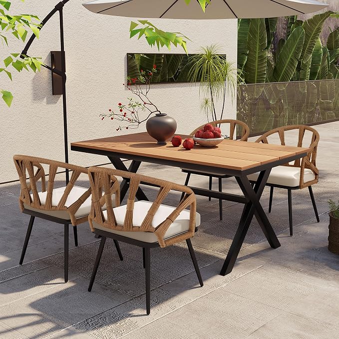 Contemporary Outdoor Set with PE Rattan Chairs and Plastic Wood Dining Table,Suitable for Gardens and Lawns (Dark Yellow@38)