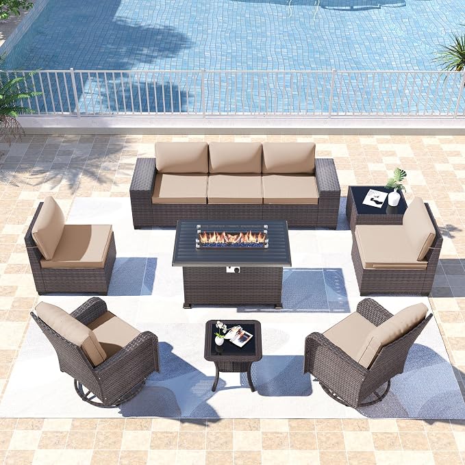 Kullavik 10PCS Outdoor Patio Furniture Set,PE Wicker Rattan Sectional Sofa Patio Conversation Sets with 43" 55000BTU Gas Propane Fire Pit Table,Swivel Rocking Chairs Set,Sand