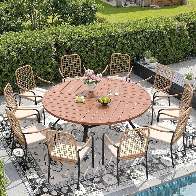 DIFY 11 Pieces Outdoor Dining Set, Metal Patio Table and Chairs Set for 10, 63" Round Dining Table with Umbrella Hole & Wicker Stackable Patio Chairs with Cushions, Walnut Tabletop