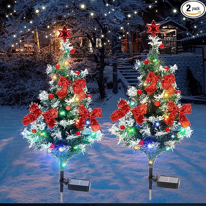 ULAROOM Solar Christmas Tree Light - Christmas Waterproof Small Pathway Lights, Outdoor Lights Christmas Decorations Cedar Xmas Tree with 20 LED Lights in 4 Colors for Garden/Yard/Patio, 2 Packs