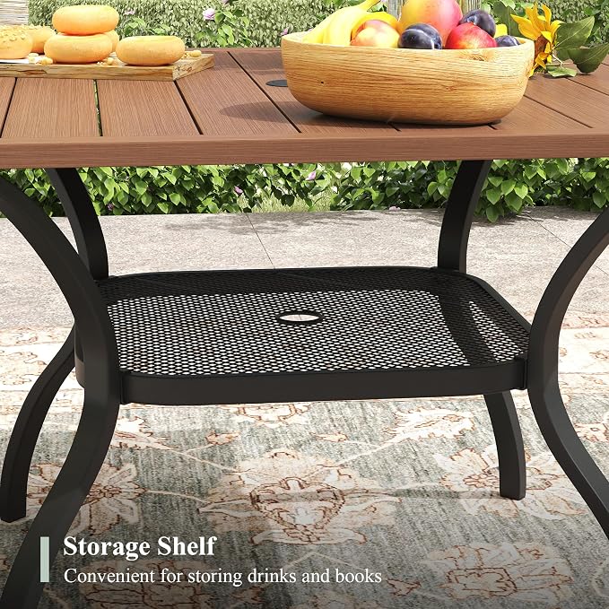 Outdoor Dining Set for 4, 37.8" Outdoor Dining Table with Umbrella Hole and Padded Textilene Patio Swivel Chairs, 5 Pieces Patio Table and Chairs Set for Garden, Mixed Brown and Walnut