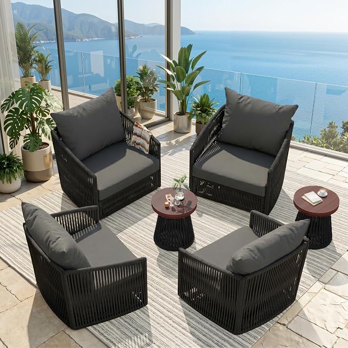 Outdoor Patio Furniture Set, 3 Pieces Outdoor Swivel Chairs with Coffee Table and Thick Cushion, Pe Wicker Rope Furniture Set for Entertaining, Balcony, Garden, Poolside, Gray
