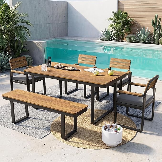 RuiSiSi 6-Piece Outdoor Dining Table Set, Acacia Wood Patio Dining Table Set with 1 Table, 4 Chairs, 1 Bench, Comfortable Cushions and Adjustable Feet for Patio, Garden, Backyard, Grey Cushion