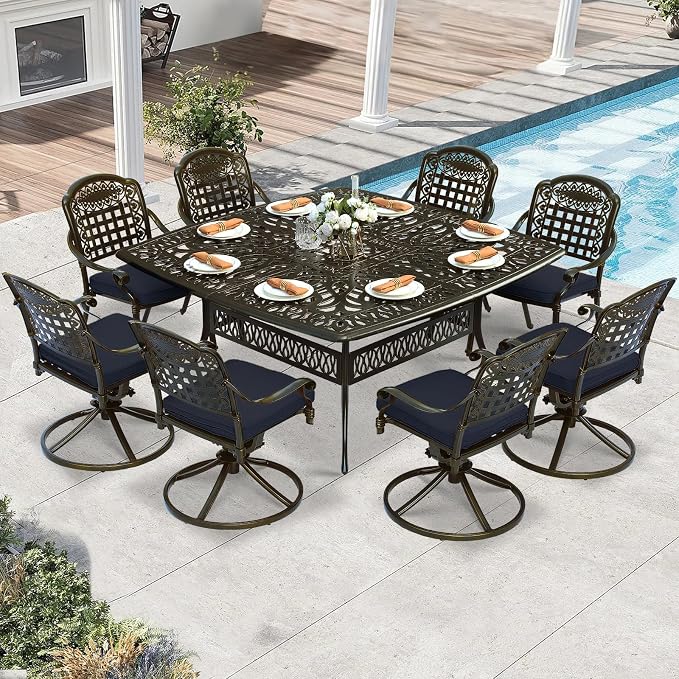 9 Piece Outdoor Patio Dining Set for 8, Cast Aluminium Large Square Dining Table & 4 Swivel Rocker Chairs, 4 Stationary, 8 Cushions, Umbrella Hole, Patio Furniture Set for Garden, Navy Blue