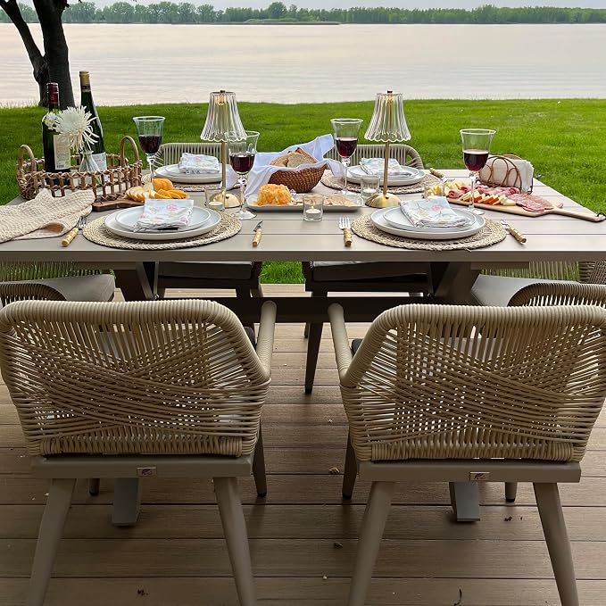 PURPLE LEAF Outdoor Patio Dining Set All-Weather PE Rattan Furniture Set with All Aluminum Frame Rectangular 9 Pieces Table and Chairs Set for 8 People Lawn Garden Backyard Deck, Champagne