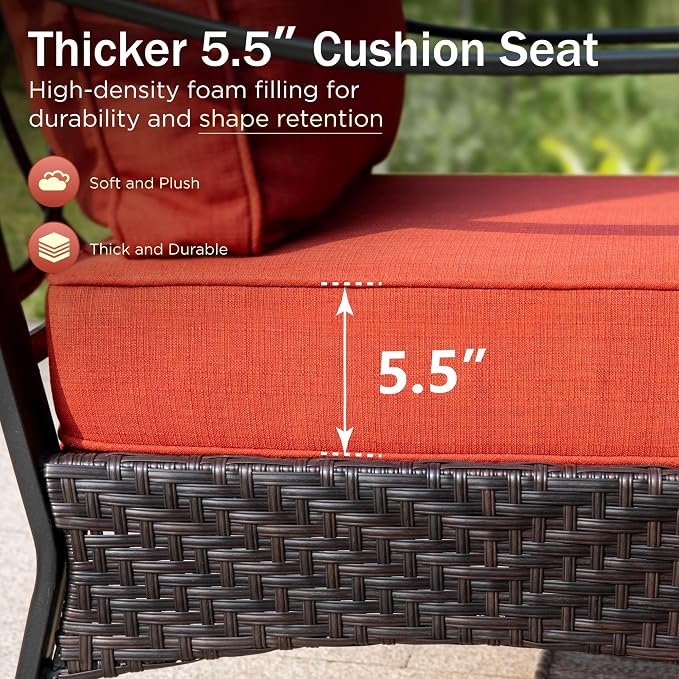 PHI VILLA Outdoor Modern Patio Furniture Set, Upgraded Wicker & Metal Patio Conversation Set with Waterproof Thick Cushions for Porch, Poolside, Yard (5 Pieces,Red)
