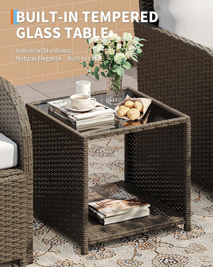 Garvee 5-Piece Outdoor Patio Conversation Set, PE Rattan Wicker Patio Furniture with Hidden Ottomans, Soft Cushions & Glass Coffee Table, Outdoor Lounge Chairs for Porch, Backyard, Balcony