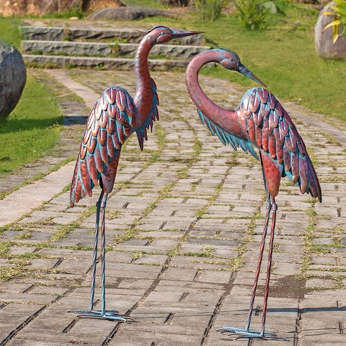Kircust Outdoor Metal Heron Statues, Crane Sculptures for Garden Yard | Bronze 27.56" Tall, Set of 2 Heron Sculptures, Weatherproof, Patio Decor, Art
