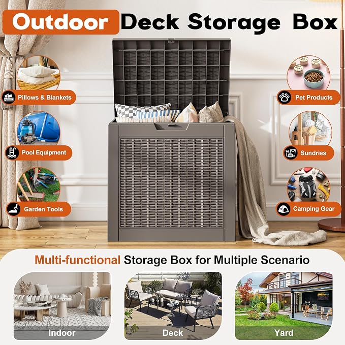 Outdoor Storage Box, Resin Deck Boxes Indoor and outdoor, Waterproof Storage Box Lockable Lid (Grey, 35 Gallon-2 Pack)