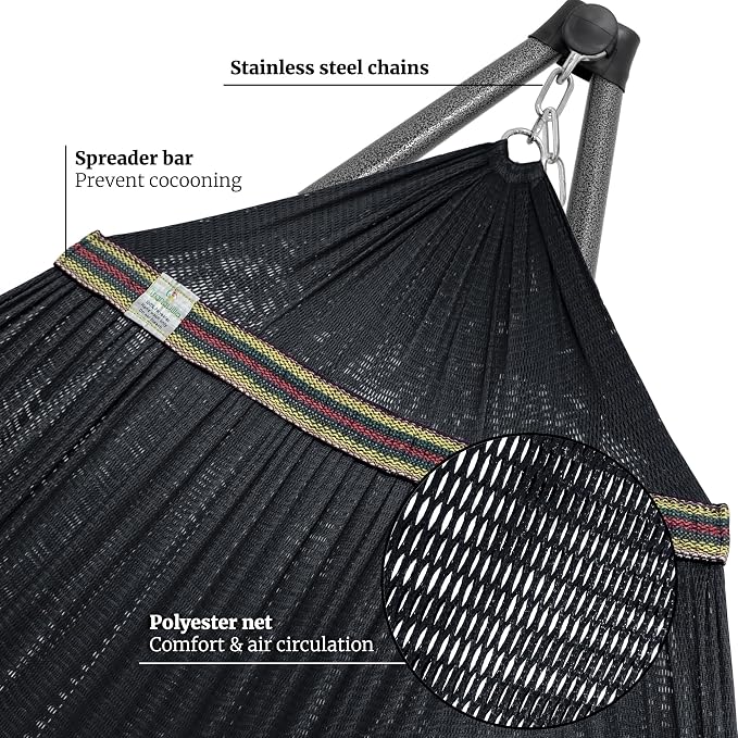Tranquillo Combo x2 Hammocks with Stand for Outside & Tree Straps, Heavy Duty Hammock with Stand 600lbs for Indoor Outdoor Patio Backyard, x2 Hammocks for 2 Person (Combo - Black, Medium)