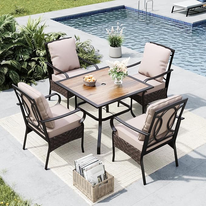 MFSTUDIO 5 Piece Patio Dining Set, Outdoor Table and Chairs for 4, Square Metal Dining Table Set with Leg Chairs, 5 Pieces Outdoor Dining Furniture Set for 4, 1.57’’ Umbrella Hole