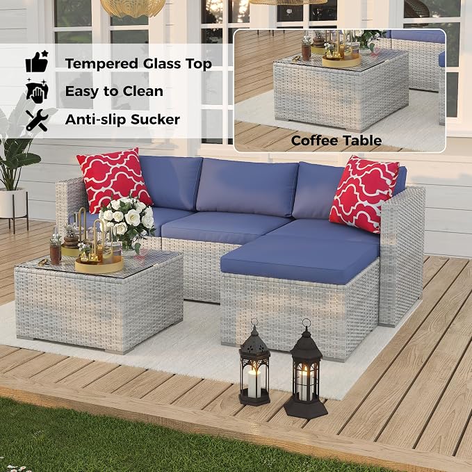 Garvee 5 Pieces Patio Furniture Set, Outdoor Glass Table and Cushions with Rattan Wicker Chairs, Patio Furniture Set for Porch, Balcony, Backyard, Garden, Gray & Blue