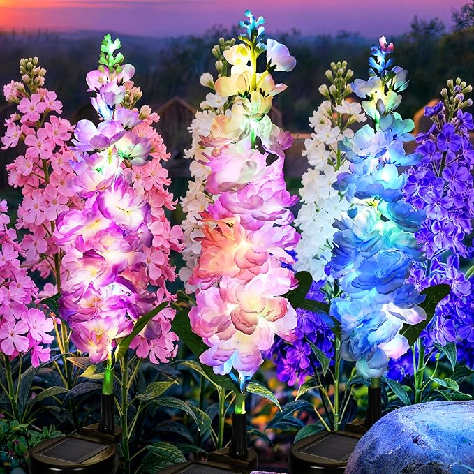 GIGALUMI Solar Lights Outdoor for Garden Decor, 3 Pack Solar Flower Lights Waterproof, 2 Lighting Modes Delphinium for Pathway,Yard, Patio Decoration, Gardening Gifts for Women (Multi-Colored)