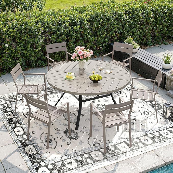 DIFY 7 Piece Outdoor Patio Dining Set for 6, 47.2" Round Dining Table with Umbrella Hole and Stackable Metal Chairs, Patio Table and Chairs Set for Backyard Garden Poolside, Grey Wood-Like & Sandshell