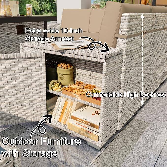 7 Pieces Patio Furniture Set, Outdoor Modular Sectional Couch Conversation Set with Wide Armrests, Wicker Seating Group Sofa with Coffee Table and Fire Pit for Backyard Deck (Khaki Cushions)