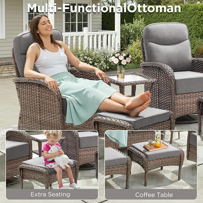 3 Pieces Luxury Patio Furniture Sofa Set with 6-Inch Thick Cushions, Outdoor Wicker Patio Furniture Covered Couch with Multifunctional Ottoman, Patio Conversation Set for Porch Garden, Grey