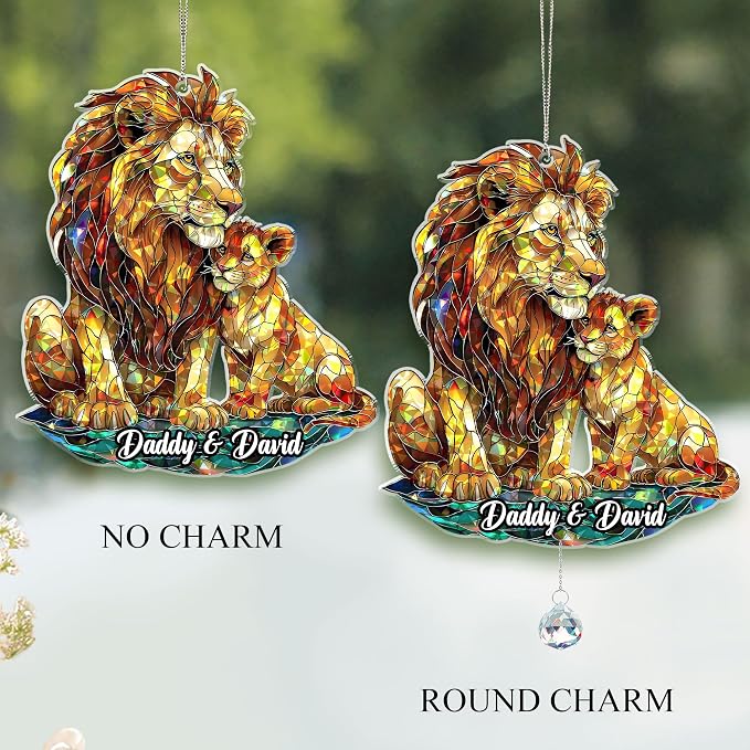 Personalized Lion and Cub Holographic Acrylic Window Hanging Suncatcher Animal Art Decor Gift for Dad Wildlife Lover, Heartfelt Father's Day, Birthday Gift (Lion Dad)
