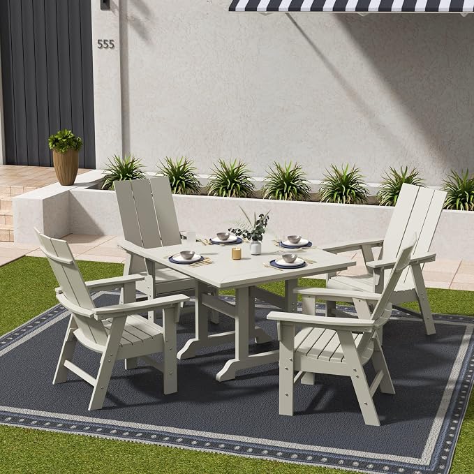 WestinTrends Ashore 5 Pieces Adirondack Patio Dining Set, All Weather Poly Lumber Slatted Modern Farmhouse Outdoor Furniture Set, 43" Trestle Square Table and 4 Adirondack Dining Chair, Sand