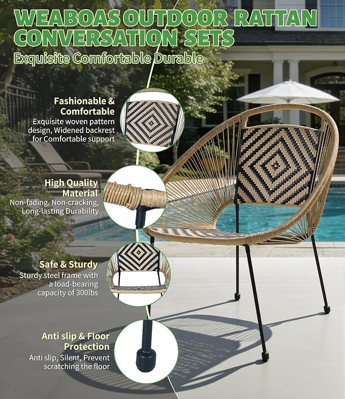 2-Piece Outdoor Patio Bistro Set, Wicker Chair with Cushion, PE Rattan All-Weather Conversation Set with Coffee Table for Balcony, Porch, Apartment, Poolside, Garden, Small Spaces, Black