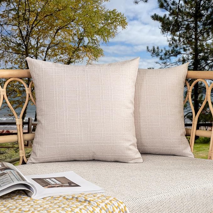 Kevin Textile Outdoor Waterproof 22”x22” Pillow Covers 2 Pack, Light Beige | Water Resistant, Soft Faux Linen-cotton Yarn-dyed Woven Texture Throw Pillow Covers for Tent Patio Garden Couch Sofa