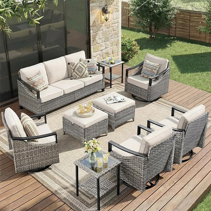 9 Piece Outdoor Patio Furniture Sets-High Back Wicker Swivel Rocker Patio Chairs Set of 4 with Thick Cushions Ottomans, Outdoor Sofa, Patio Conversation Sets for Porch Balcony Patio Deck Grey/Beige