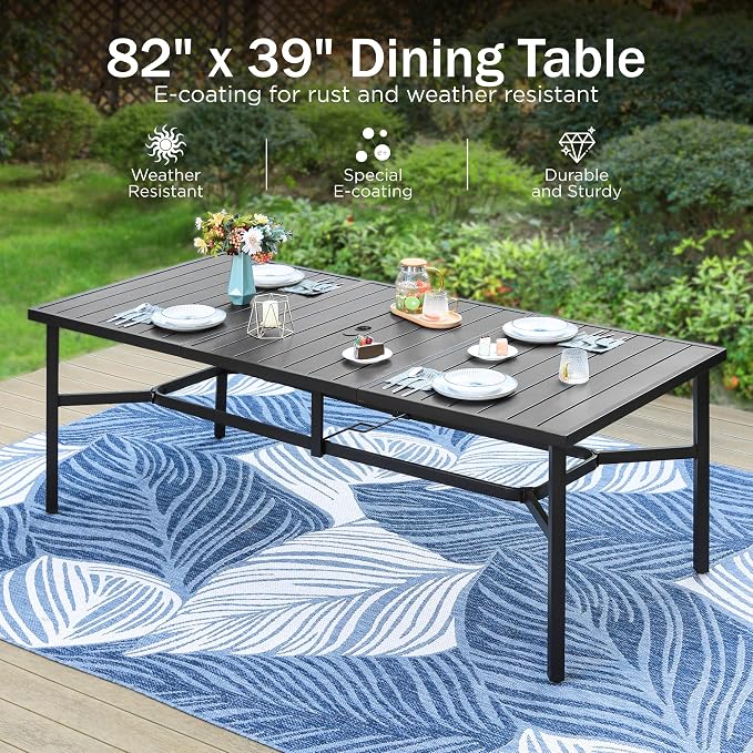 PHI VILLA 9 Piece Outdoor Dining Set, 82'' Metal Table & Blue Swivel Chairs | Textilene mesh chairs and large rectangle table. All-weather patio furniture set designed for patio, deck, backyard