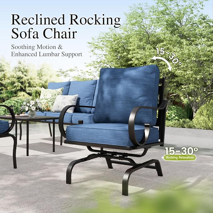 Sophia & William Patio Conversation Set for 7, 3-Seater Sofa, 2 Fixed Chairs, 2 Rocking Chairs and a Coffee Table, Metal Outdoor Furniture with 5.75" Extra Thick Cushions, Navy