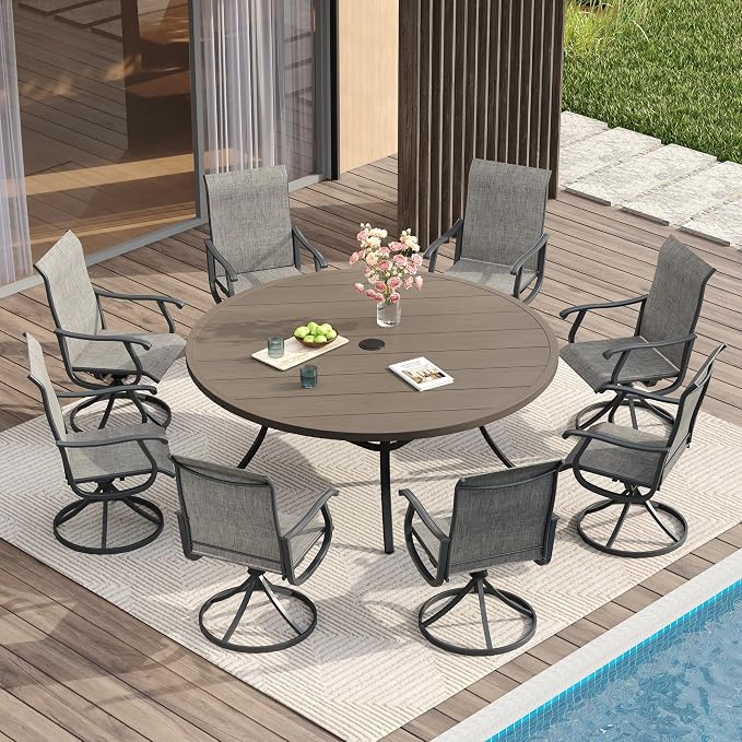 VICLLAX Patio Dining Set for 8, 9 Pieces Outdoor Furniture Includes 60" Round Patio Table with Umbrella Hole and 8 Outdoor Swivel Chairs for Lawn Garden, Grey Wood Grain Tabletop and Grey Fabric