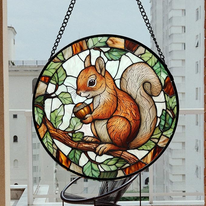 DASTOLL Stained Glass Window Hanging, Squirrel on a Branch Suncatcher Diamond Glass Panel Animal Sun Catchers Decor for Birthday for Women, Men, Wife, Aunt, and Mom 14.9x14.9 in