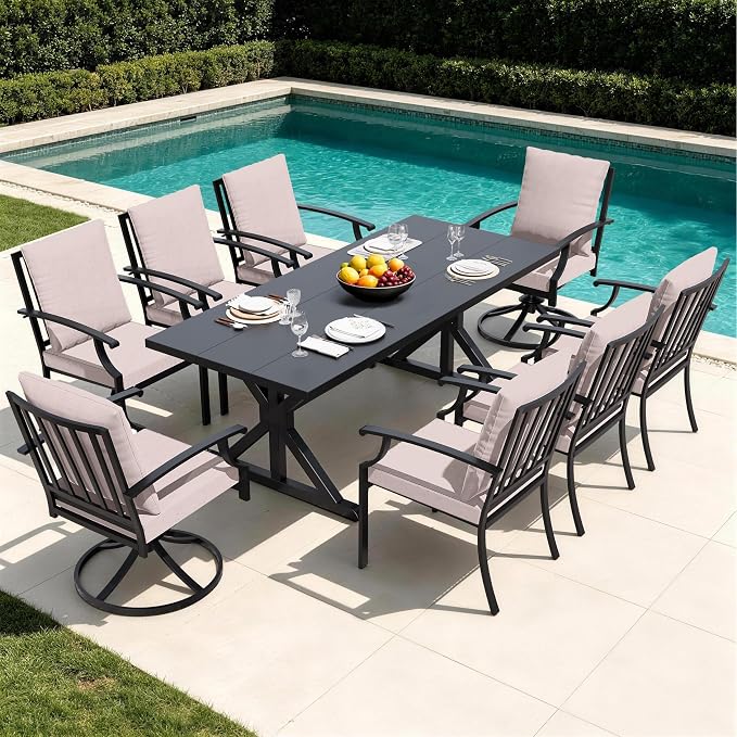 Kullavik 9 Pieces Outdoor Dining Set,Patio Dining Table and Chairs Set for 8,Fence Pattern Back Chairs with Thickened Cushions & X-Frame Metal Dining Table with Umbrella Hole for Patio,Sand
