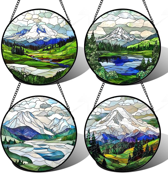 DASTOLL Stained Glass Window Hanging 4 Pcs Set Mountains Lake Green White Landscape 9.8" - Suncatcher Door Garden Sun Catcher Decor Birthday Christmas for Mom Woman Nana Men
