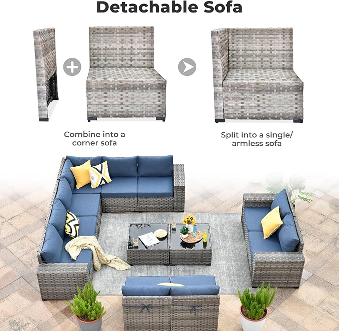 ovios 12 Pieces Patio Furniture Set, Outdoor Wicker Sectional Sofa with Coffee Table Comfy Cushions, Modern Modular Deep Seat Couch Rattan Conversation Set, Denim Blue