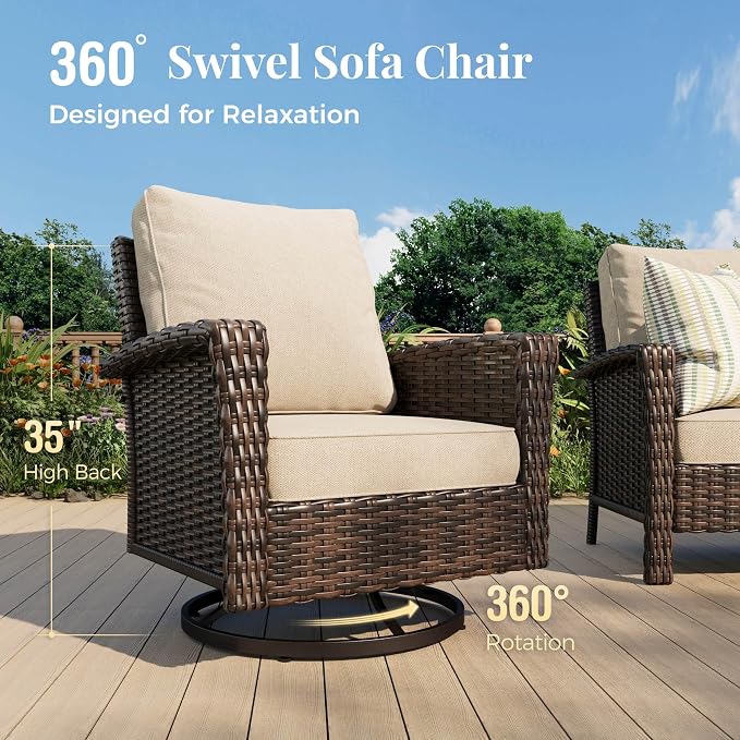 MIXPATIO 5-Piece Wicker Patio Furniture Set with Swivel Chairs, High Back Outdoor Furniture with 5.5-inch Thick Cushion and Ottoman, All-Weather Wicker Patio Conversation Set for Deck Yard Pool, Beige