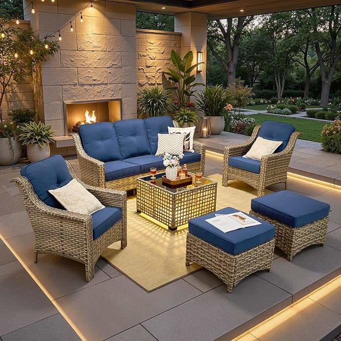 6 PCS Patio Furniture Set, Deep Seat High Back Outdoor Conversation Set with Ottomans, Wicker Outside Furniture with Solar Light Coffee Table for Porch Backyard Balcony, Sunroom, Navy Blue