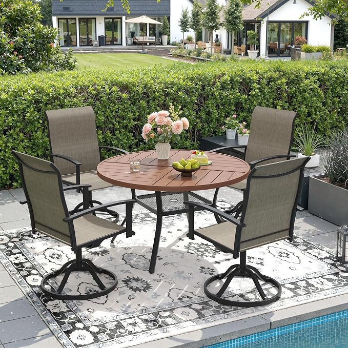 DIFY 5 Pieces Outdoor Dining Set, Metal Patio Table and Chairs Set for 4 with Umbrella Hole, 40.6" Walnut Round Table and Brown Textilene Swivel Patio Chairs for Garden, Backyard, Poolside