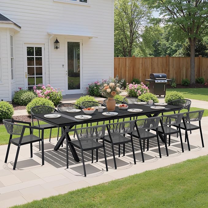 Pellebant Aluminum 13-Piece Outdoor Dining Table Set for 8-12 Person | Patio Stackable Chair with U-Shaped Wicker Backrest, 118" Table with Wood-Grain Top & Umbrella Hole, Aluminum Frame Furniture