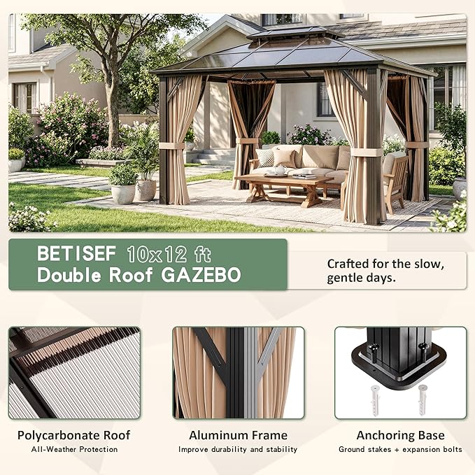 10'x12' Hardtop Gazebo, Outdoor Polycarbonate Roof Canopy, Aluminum Frame Permanent Pavilion with Curtains and Netting, Canopy for Garden, Patio, Lawns