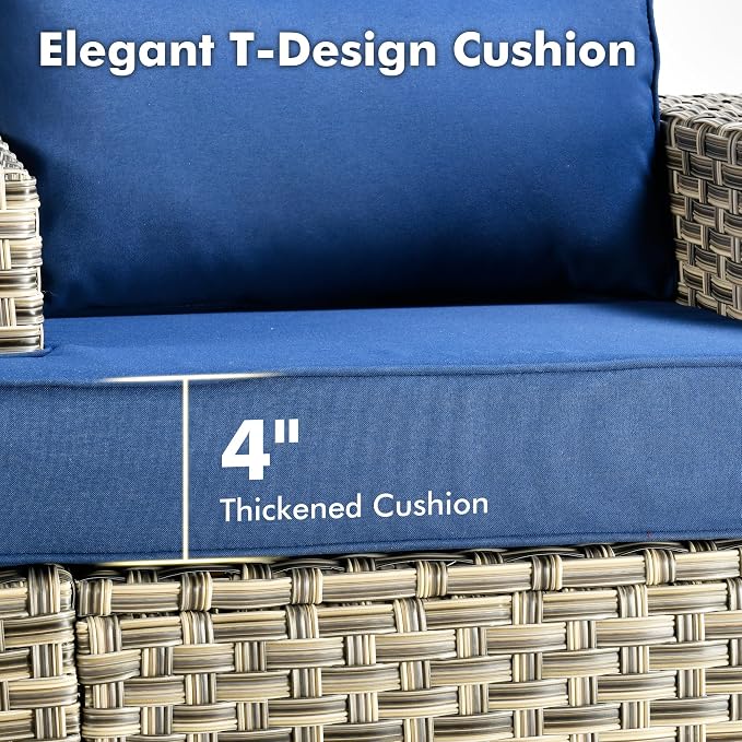Weaxty 8 Pieces Outdoor Furniture Set, Patio Sectional Sofa Wide Seats Couch Chair with Ottoman Solar Table, Thick Cushion All-Weather Rattan Patio Conversation Sets for Backyard Porch Deck, Blue